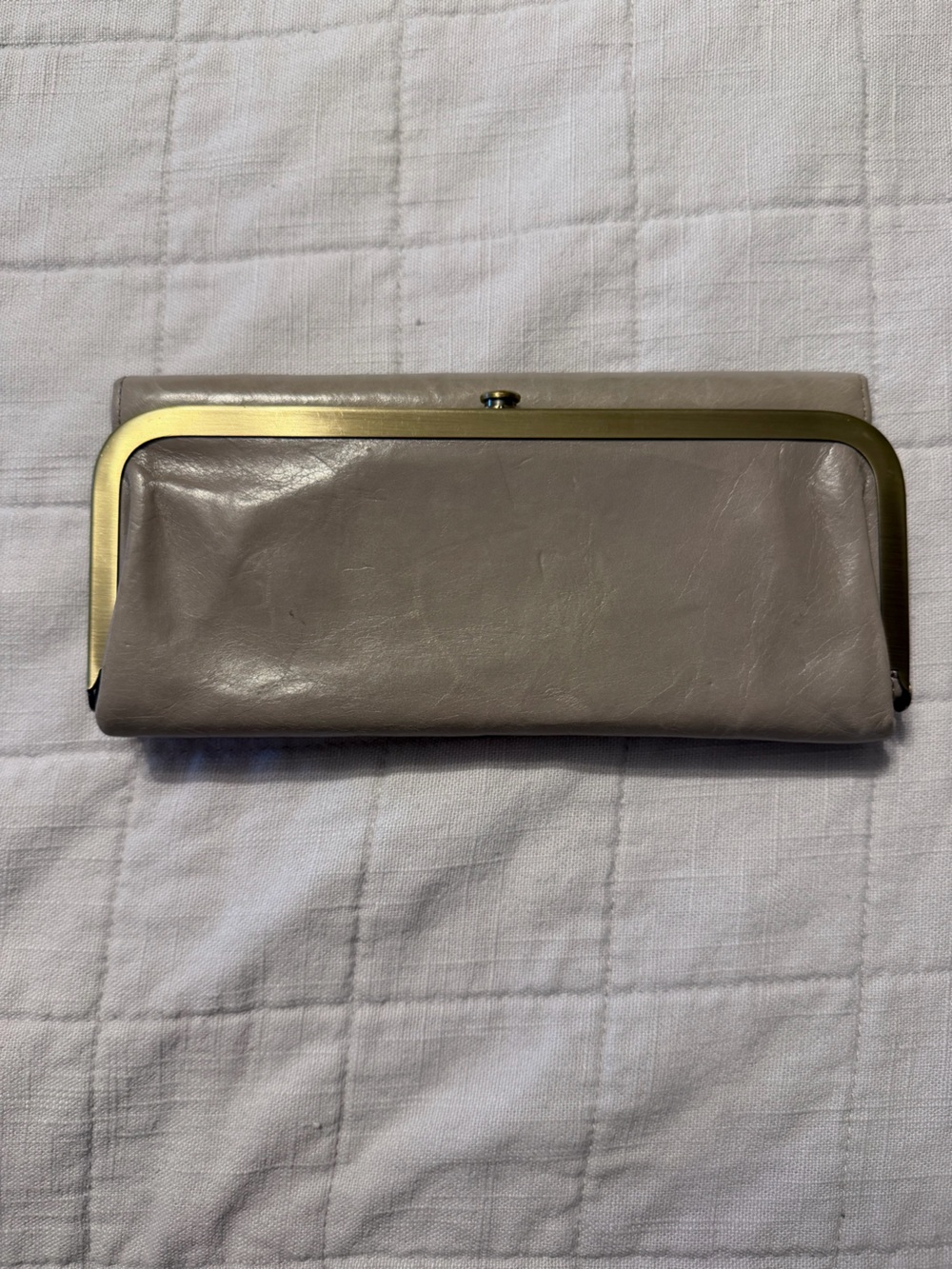 HOBO Taupe Leather Frame Wallet with Brushed Gold Trim
